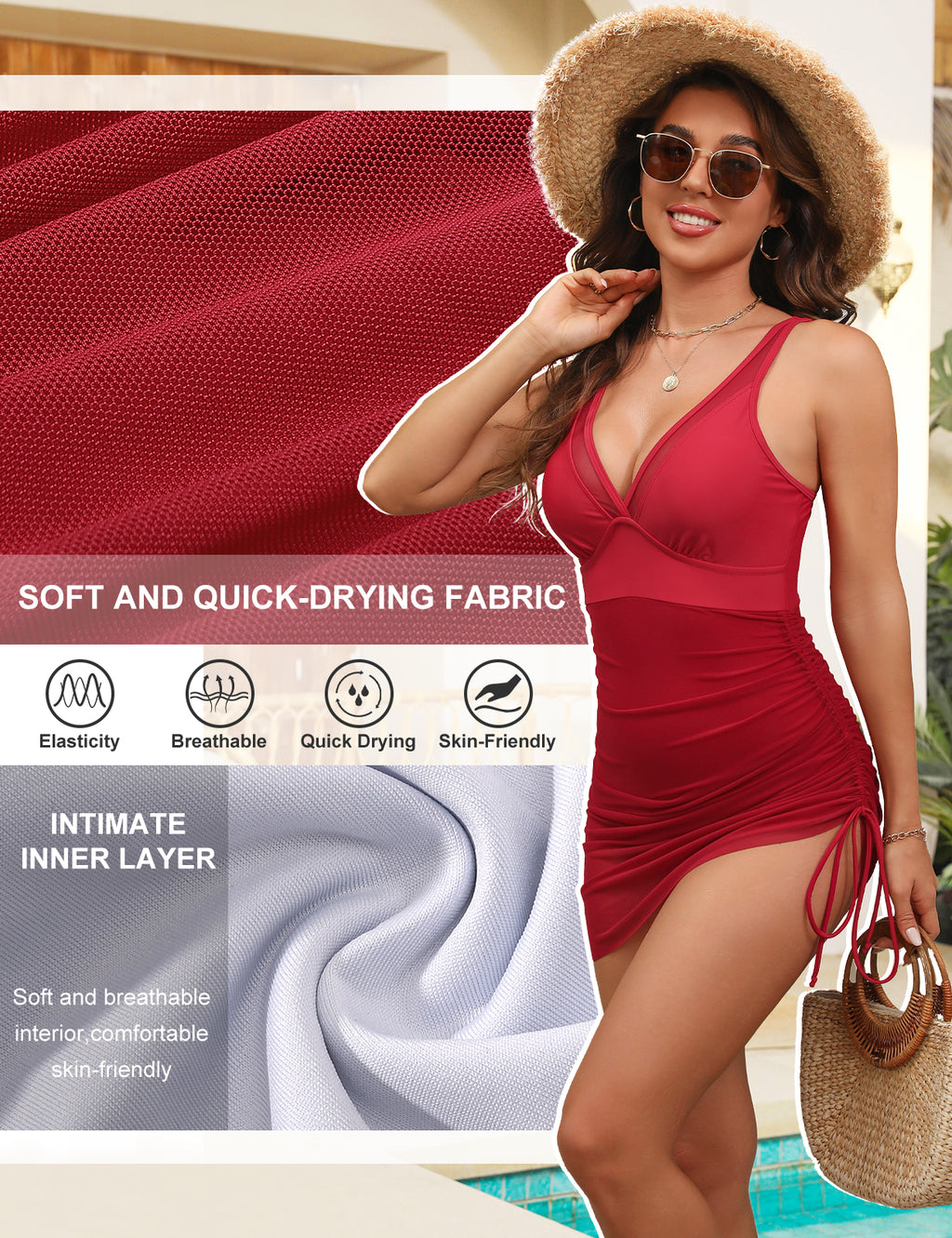 UMIPUBO Womens One Piece Swimsuit Tummy Control Bathing Suit V Neck Slimming Swimwear Sheer Mesh Swim Dress Sarong Wraps