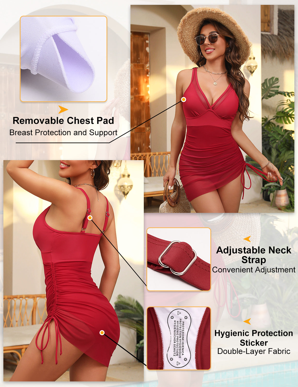 UMIPUBO Womens One Piece Swimsuit Tummy Control Bathing Suit V Neck Slimming Swimwear Sheer Mesh Swim Dress Sarong Wraps